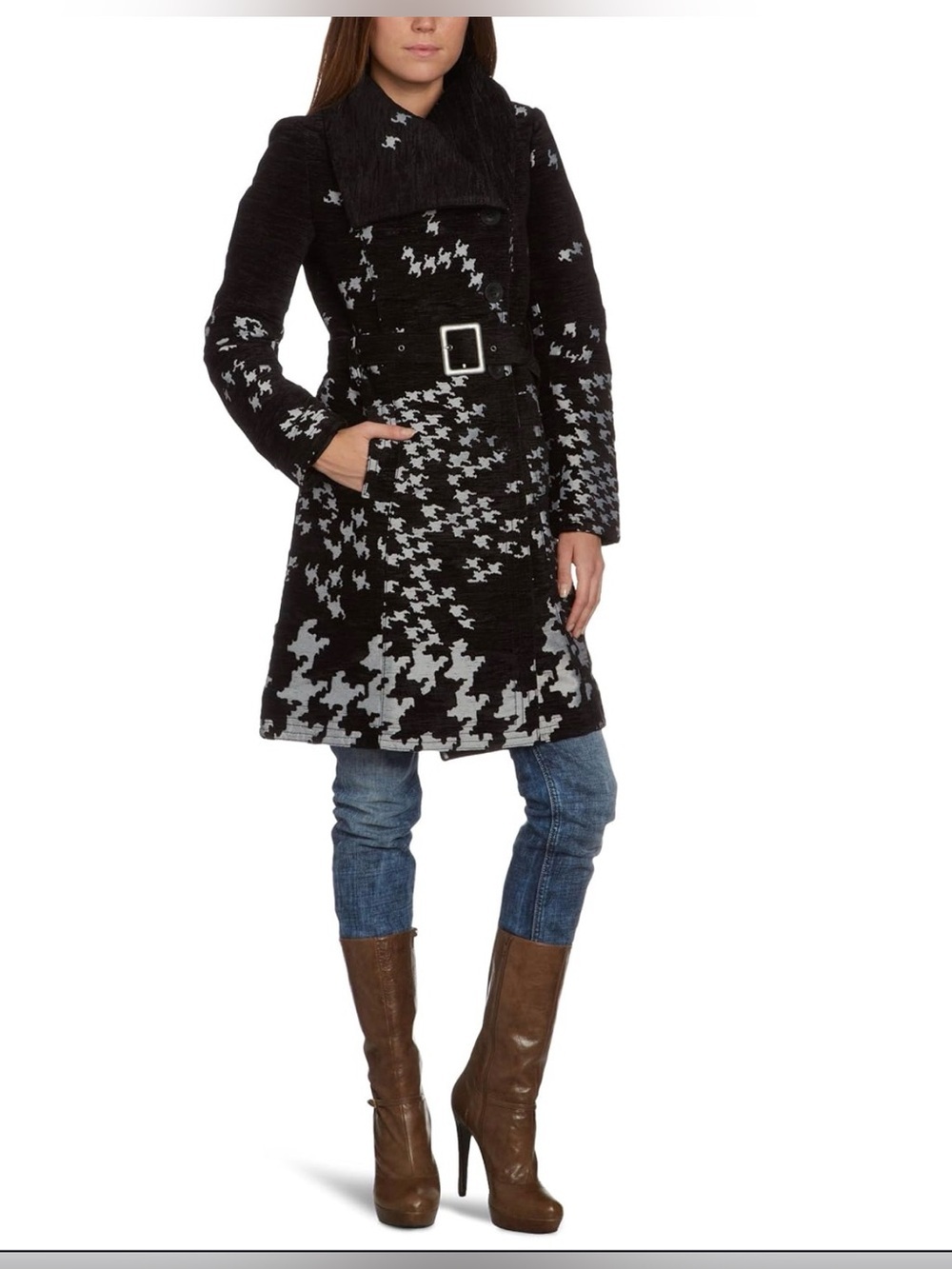 Desigual Wool Blend Patchwork Belted Coat Size 38 Small
